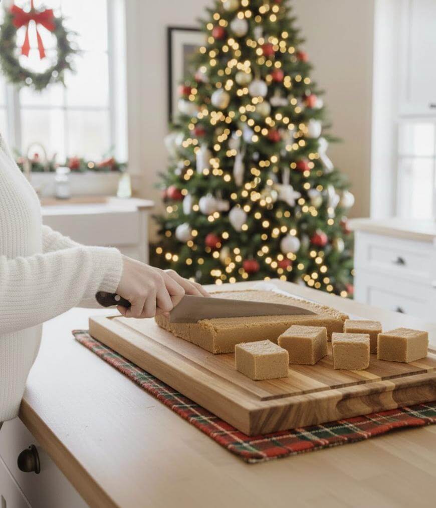 A person slices blocks of fudge on a wooden cutting board in a festive kitchen, with a decorated Christmas tree and a wreath visible in the background.