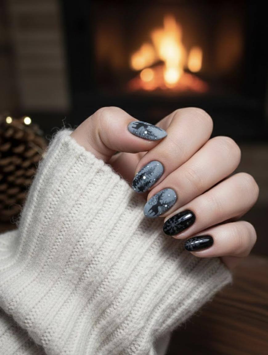 A hand wearing a white ribbed sweater displays winter-themed nail art with snowflake designs in black, gray, and white. A cozy fireplace and pine cone are visible in the blurred background.
