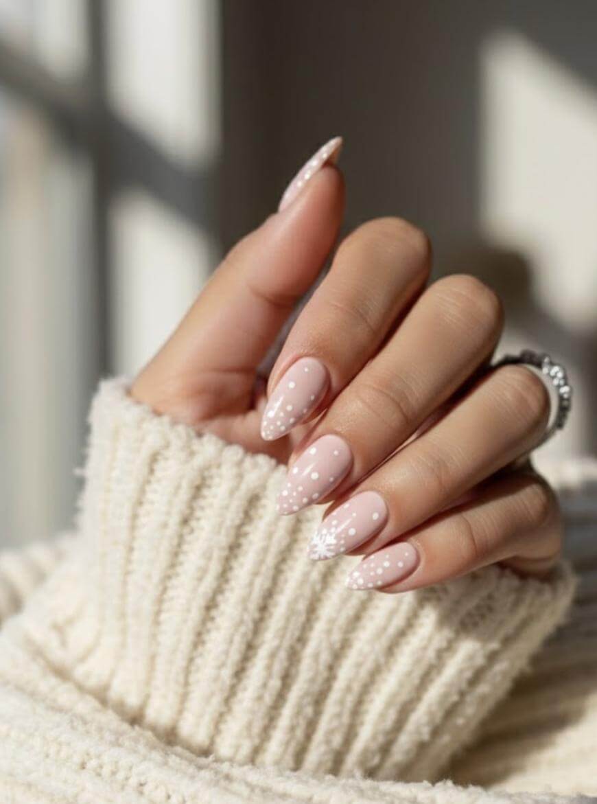 A hand with long, almond-shaped nails painted light pink, featuring white polka dots and a snowflake design on one nail. The person is wearing a cream-colored, ribbed sweater and a silver ring.