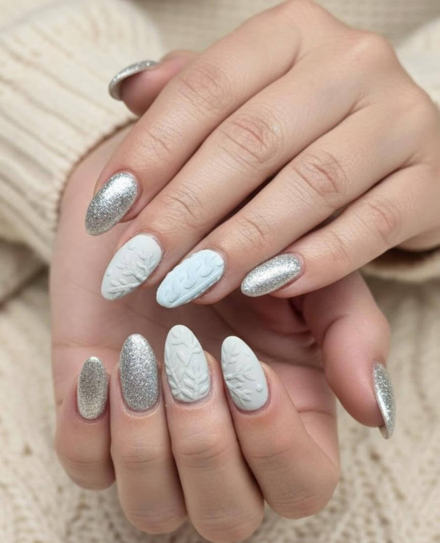 Close-up of hands with almond-shaped nails painted in alternating silver glitter and white polish. The white nails have a raised cable knit sweater pattern, complementing a cream-colored knit sweater in the background.