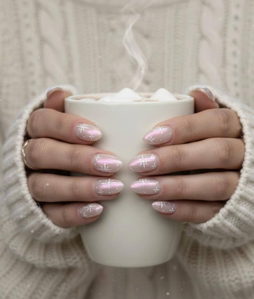 Close-up of hands with pale pink nails decorated with white snowflake designs, holding a white mug filled with hot drink and marshmallows. The person is wearing a cozy, cream-colored knit sweater. Steam rises from the mug.