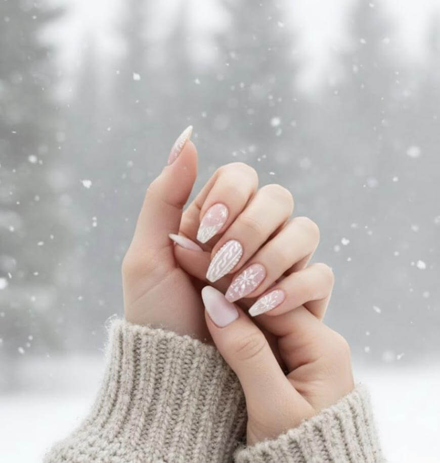 A pair of hands with long, winter-themed manicured nails featuring snowflake and sweater patterns, held together against a snowy, blurred forest background. The person is wearing a cozy knit sweater.