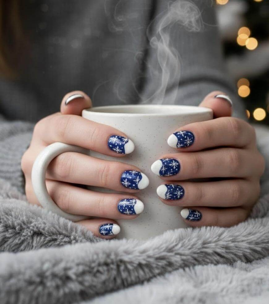 A person with blue and white snowflake-themed nail art holds a steaming white mug, resting on a soft gray blanket, with blurred holiday lights in the background.