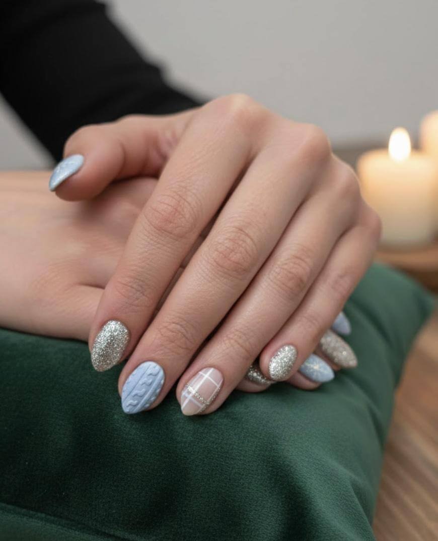 A close-up of hands with manicured nails featuring silver glitter, light blue with a knit design, and nude with white plaid patterns, resting on a green cushion. Blurred candles are visible in the background.