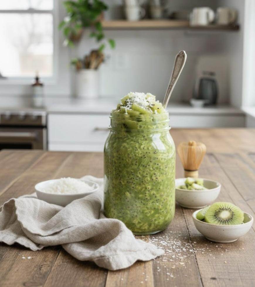 A glass jar filled with green kiwi chia pudding topped with shredded coconut sits on a wooden table, surrounded by bowls of sliced kiwi and coconut flakes in a bright, modern kitchen.