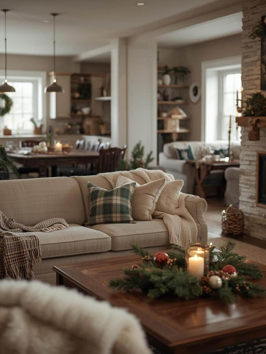 Cozy living room with a beige sofa, plaid pillows, and a throw blanket. A wooden coffee table holds candles and holiday greenery. In the background, a dining area and decorated shelves are softly lit.