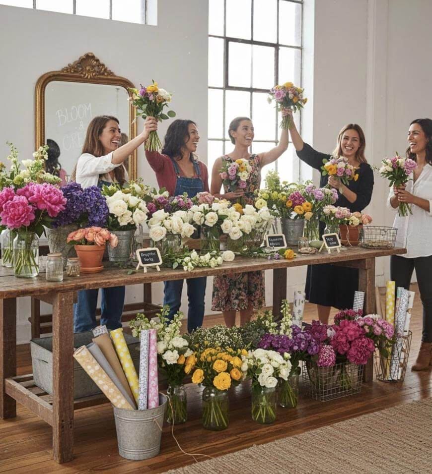 Five women stand behind a wooden table filled with flowers in vases and buckets, smiling and raising bouquets together in a bright, airy room with large windows. A chalkboard in the background has floral-themed writing.