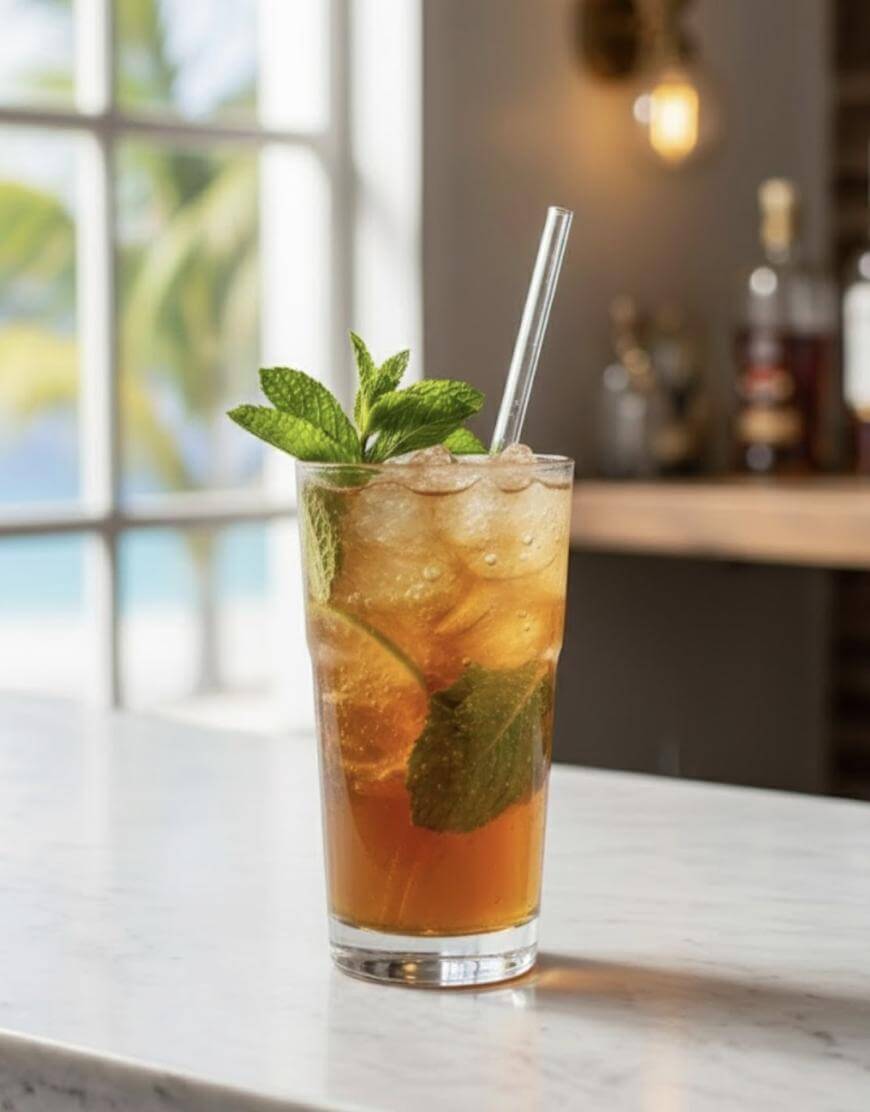A glass of iced tea with mint leaves and a straw sits on a marble counter. Sunlight streams through a window with palm trees visible outside, and blurred bottles are in the background.