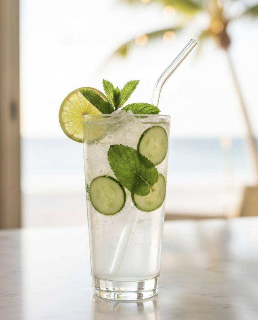A refreshing clear drink in a tall glass with ice, cucumber slices, mint leaves, a lime wheel, and a glass straw. A tropical beach scene with palm trees is blurred in the background.