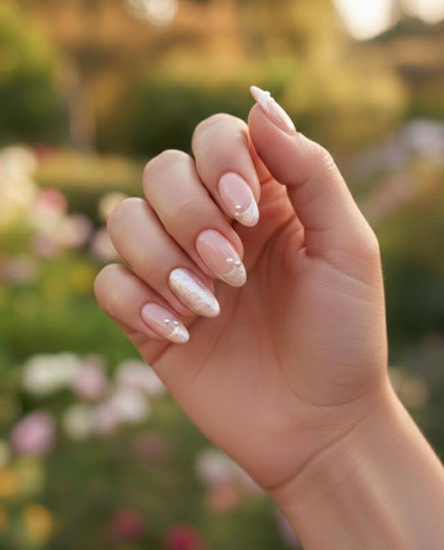 A hand with long, almond-shaped nails featuring a soft pink base, delicate white tips, and small pearl accents is held up against a blurred, sunlit garden background.