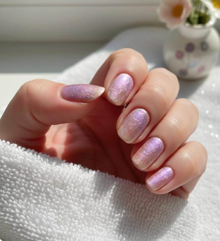 A hand with short, neatly manicured nails painted with iridescent pink and purple nail polish, resting on a white textured towel, with a blurred vase of flowers in the background.
