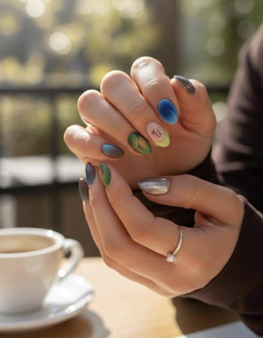 A person with manicured nails featuring colorful, iridescent designs and one nail with a letter J. They are wearing a silver ring with a small stone and holding their hands near a cup of coffee outdoors.