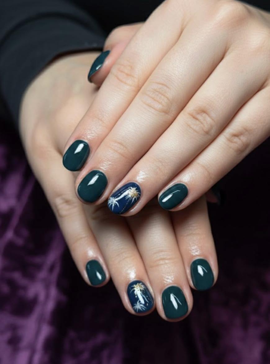 A close-up of hands with dark green polished nails, featuring a delicate white and yellow firework design on the ring finger of each hand. The hands rest on a deep purple velvet surface.