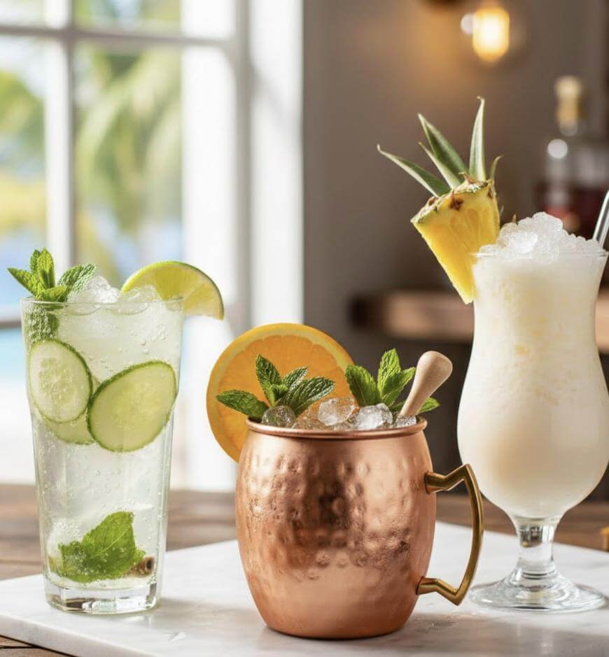 Three refreshing summer cocktails: a mojito with lime, cucumber, and mint in a tall glass; a Moscow mule with mint and orange in a copper mug; and a piña colada garnished with pineapple and mint in a hurricane glass.