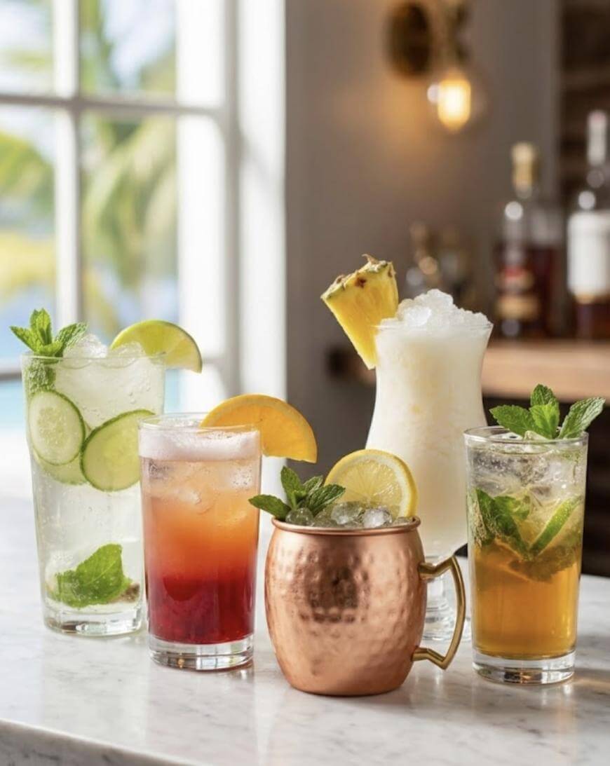Five colorful cocktails garnished with fresh fruit and mint leaves are arranged on a marble countertop; sunlight streams through a window, creating a bright and inviting tropical atmosphere.