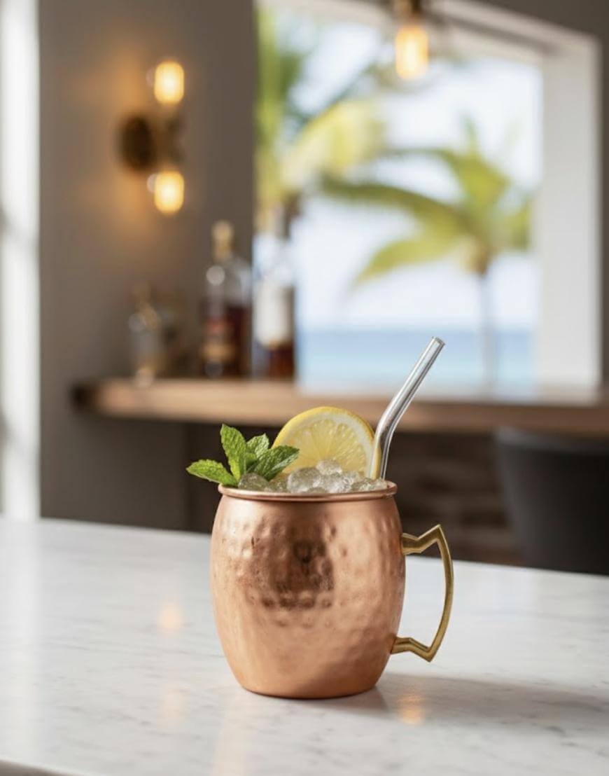 A copper mug filled with a cocktail, garnished with a lemon slice and mint, sits on a marble counter. A metal straw is in the drink. The background is blurred, showing palm trees and a bright, beachy setting.