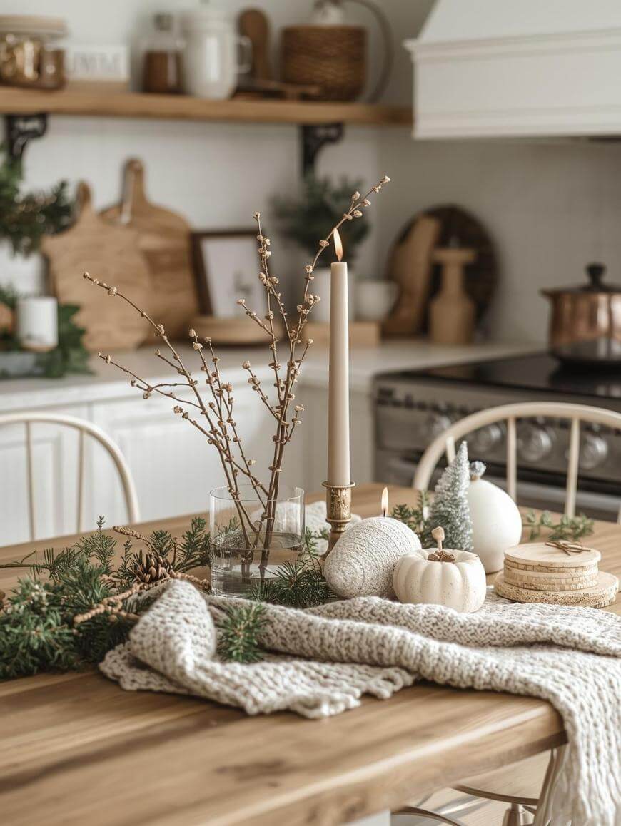 A cozy kitchen table decorated with a knit runner, small white pumpkins, pine branches, candles, and glass vases, creating a rustic autumnal atmosphere with wooden shelves and kitchenware in the background.