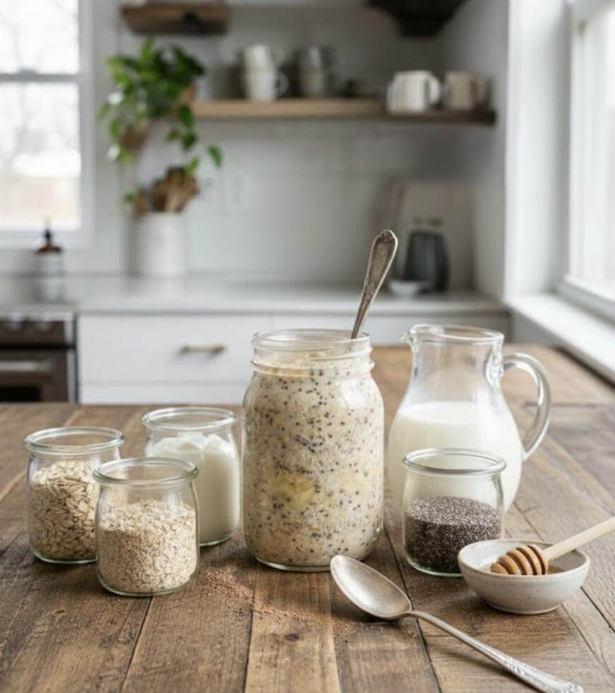 A jar of overnight oats with chia seeds sits on a wooden table, surrounded by small jars of oats, yogurt, chia seeds, a pitcher of milk, a honey dipper, and spoons in a bright kitchen.