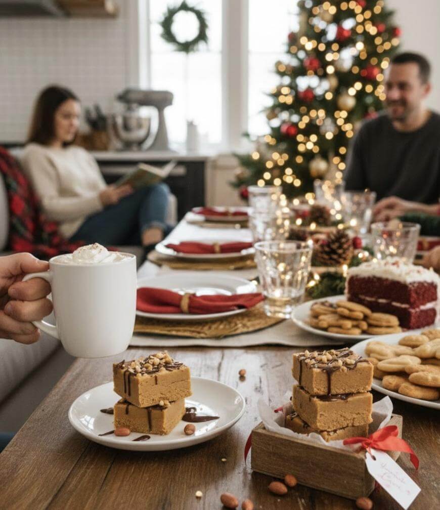 A cozy holiday scene with desserts, cookies, and a mug of whipped cream on a table. A decorated Christmas tree and three people enjoying the festive atmosphere are in the background.