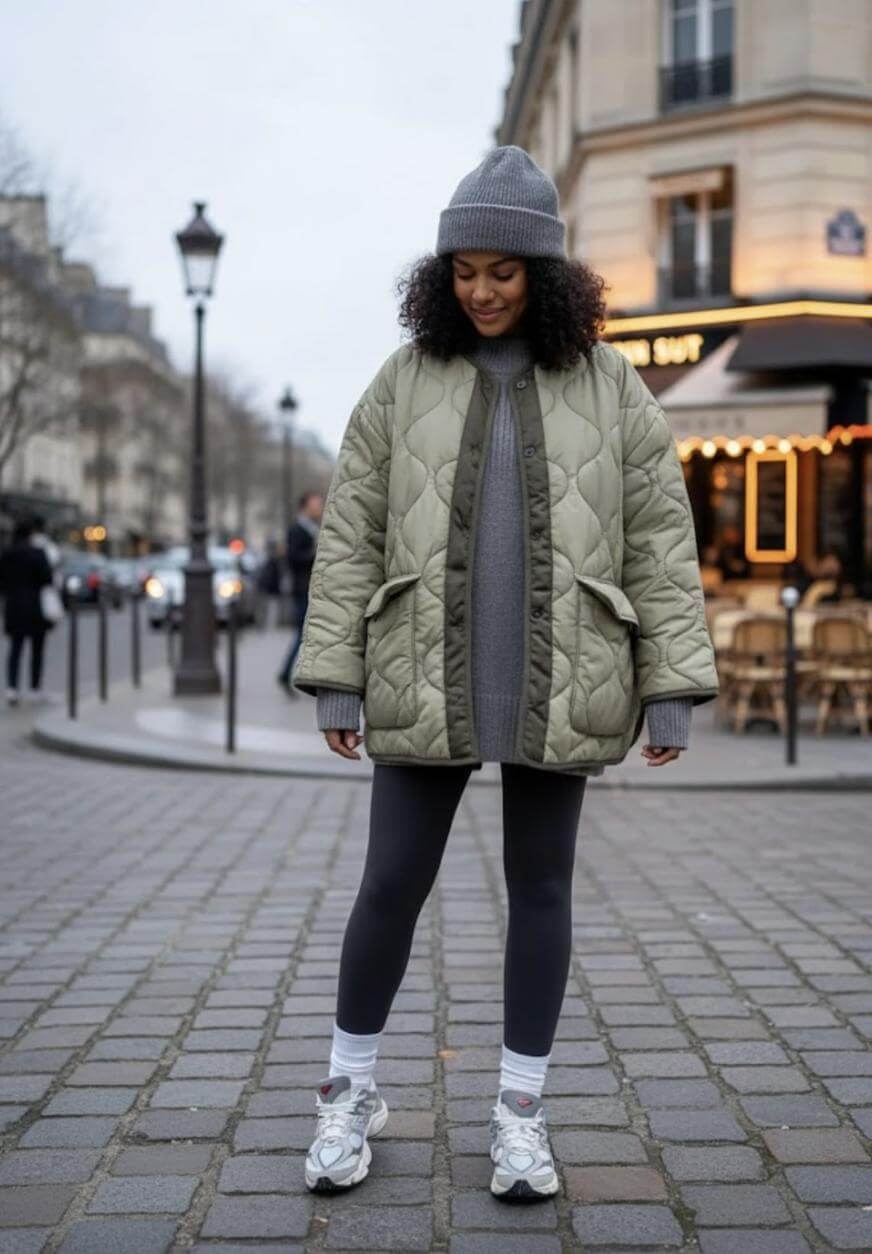 A woman stands on a cobblestone street wearing a green quilted jacket, gray sweater, black leggings, white socks, sneakers, and a gray beanie. A Parisian café and street lamps are visible in the background.