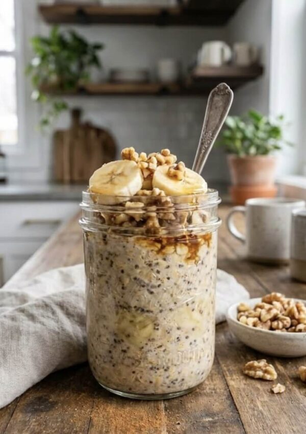 A jar of overnight oats topped with banana slices, chopped walnuts, and a drizzle of syrup sits on a wooden table in a cozy kitchen. A spoon is in the jar, and a bowl of walnuts and mugs are nearby.
