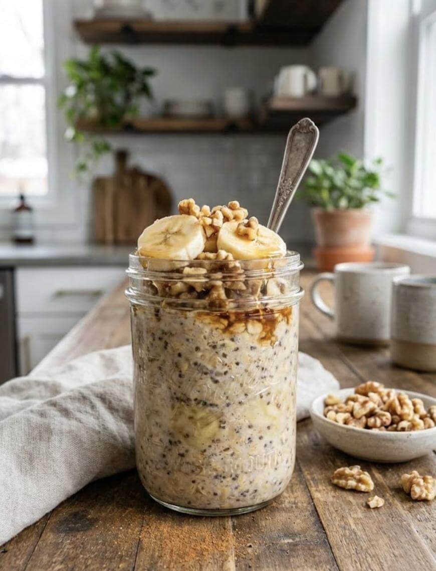 A glass jar filled with overnight oats, chia seeds, banana slices, and walnuts sits on a wooden table. A spoon is inside the jar, and a small bowl of walnuts and two mugs are in the background.