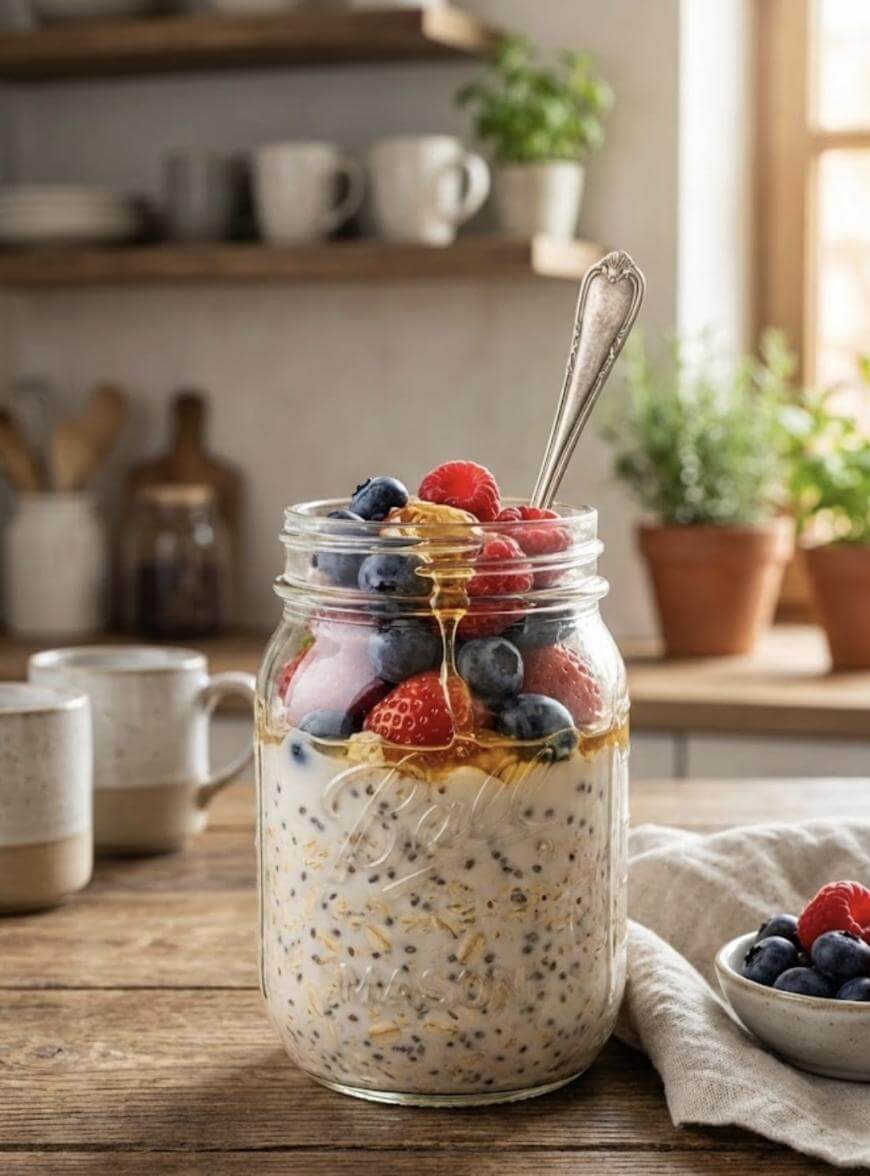A glass jar of overnight oats topped with strawberries, blueberries, raspberries, and a drizzle of honey sits on a wooden table with a spoon inside. There are mugs, a small bowl of berries, and potted plants in the background.