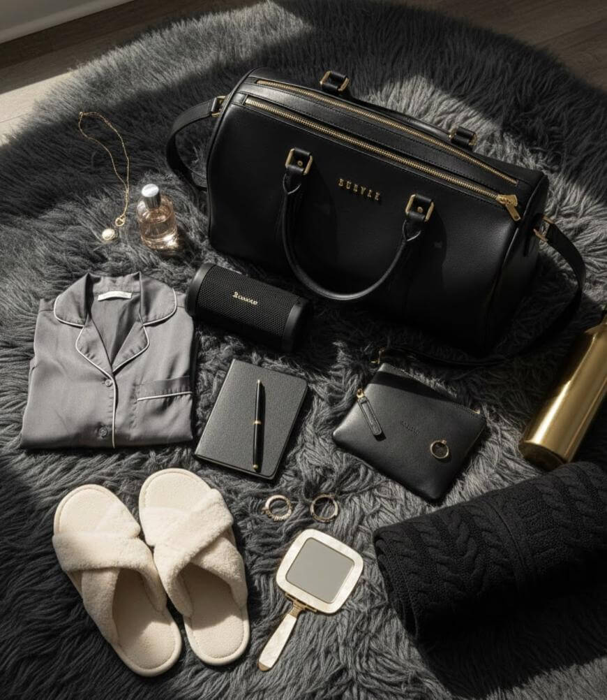 A black duffel bag surrounded by a gray pajama set, white slippers, a towel, a gold water bottle, a notebook, a wallet, a portable speaker, perfume, jewelry, a compact mirror, and hair accessories on a gray rug.