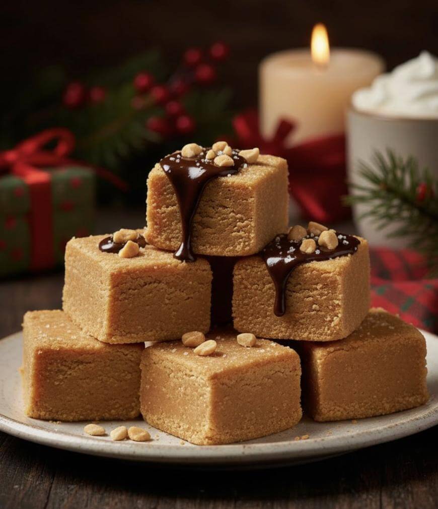 A plate of peanut butter fudge squares stacked in a pyramid, some topped with chocolate sauce and chopped peanuts, with holiday decorations, a lit candle, and a wrapped gift in the background.