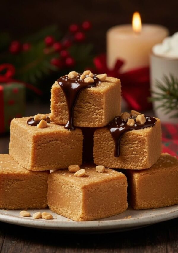 A plate of peanut butter fudge squares, some topped with chocolate sauce and chopped peanuts, is stacked in front of a lit candle and holiday decorations, creating a festive atmosphere.