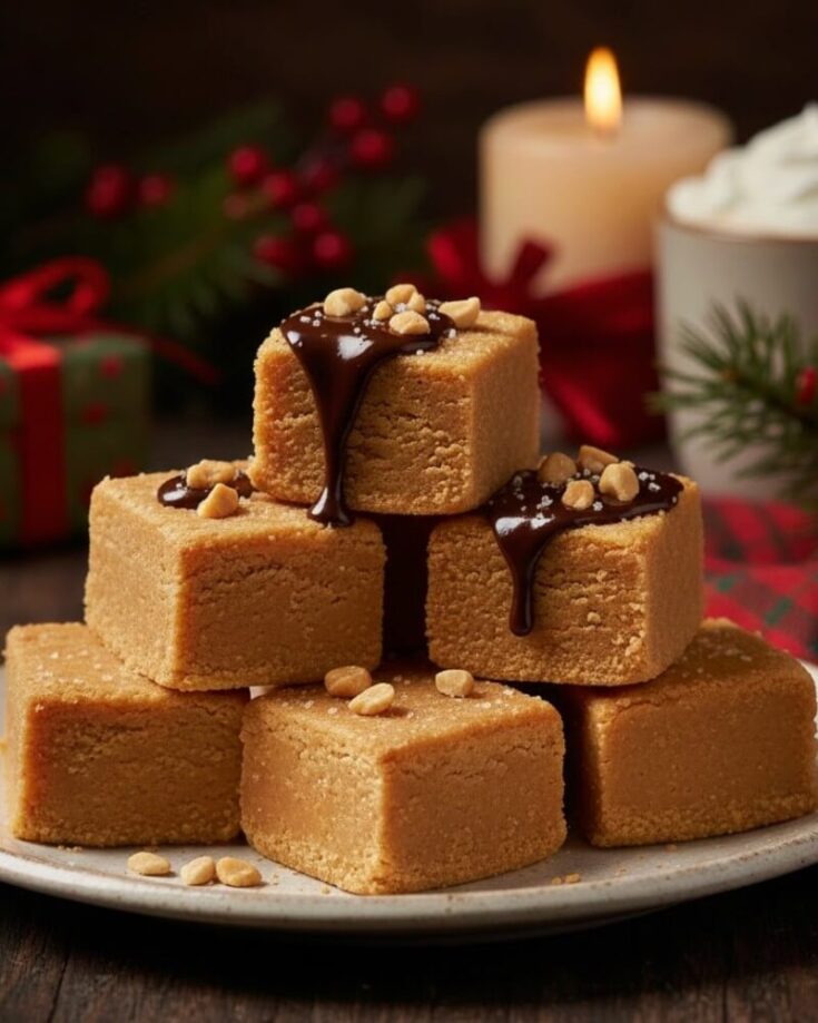 A plate of peanut butter fudge squares, some topped with chocolate sauce and chopped peanuts, is stacked in front of a lit candle and holiday decorations, creating a festive atmosphere.