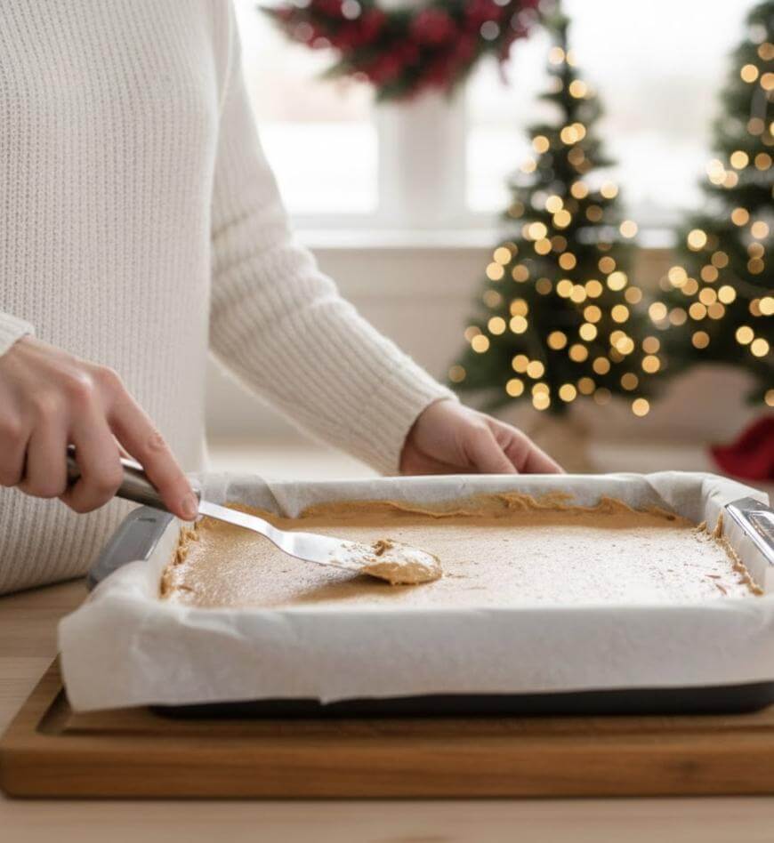 A person in a white sweater spreads batter in a parchment-lined baking tray, with two decorated Christmas trees and a wreath visible in the softly lit background.