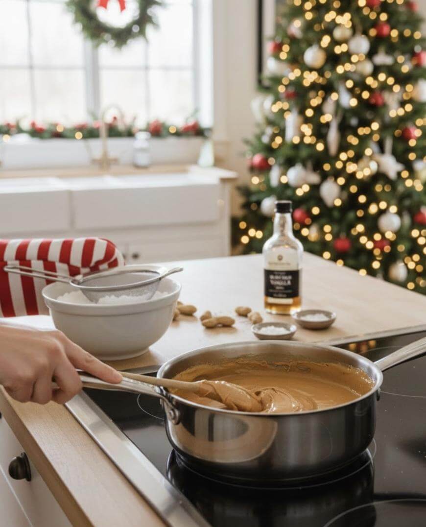 A person stirs caramel in a saucepan on a kitchen counter, with sugar, a bottle, and bowls nearby. A decorated Christmas tree and a wreath are visible in the background, creating a festive atmosphere.