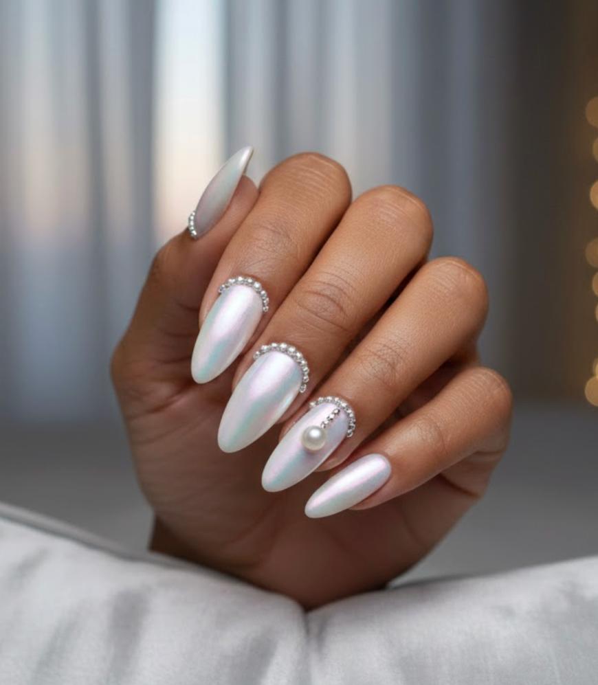 A hand with long, almond-shaped nails painted in a shiny, iridescent pearly white. Each nail is decorated with small silver beads, and one nail features a small pearl embellishment.