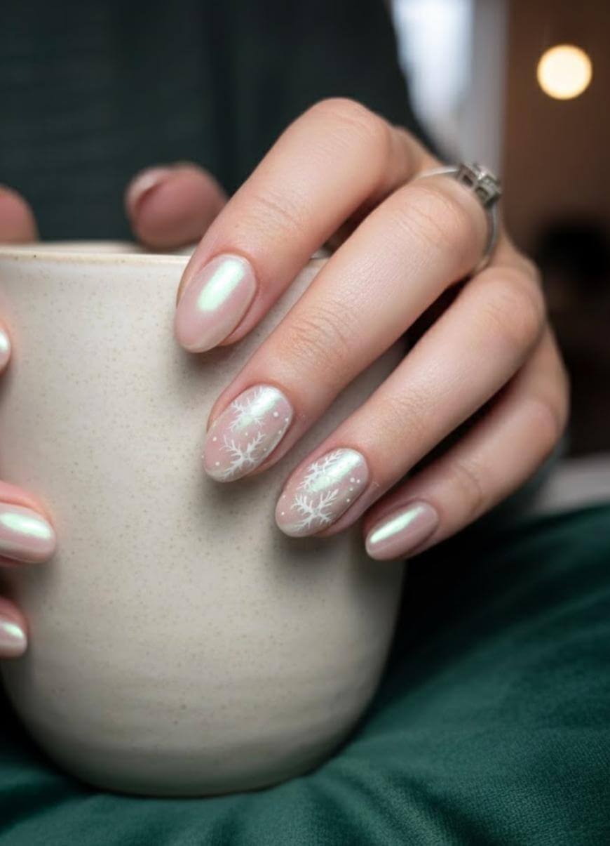 A hand with light pink, shimmery nails and delicate white floral designs on two nails holds a beige ceramic mug. The person is wearing a silver ring and dark green clothing. The background is softly blurred.