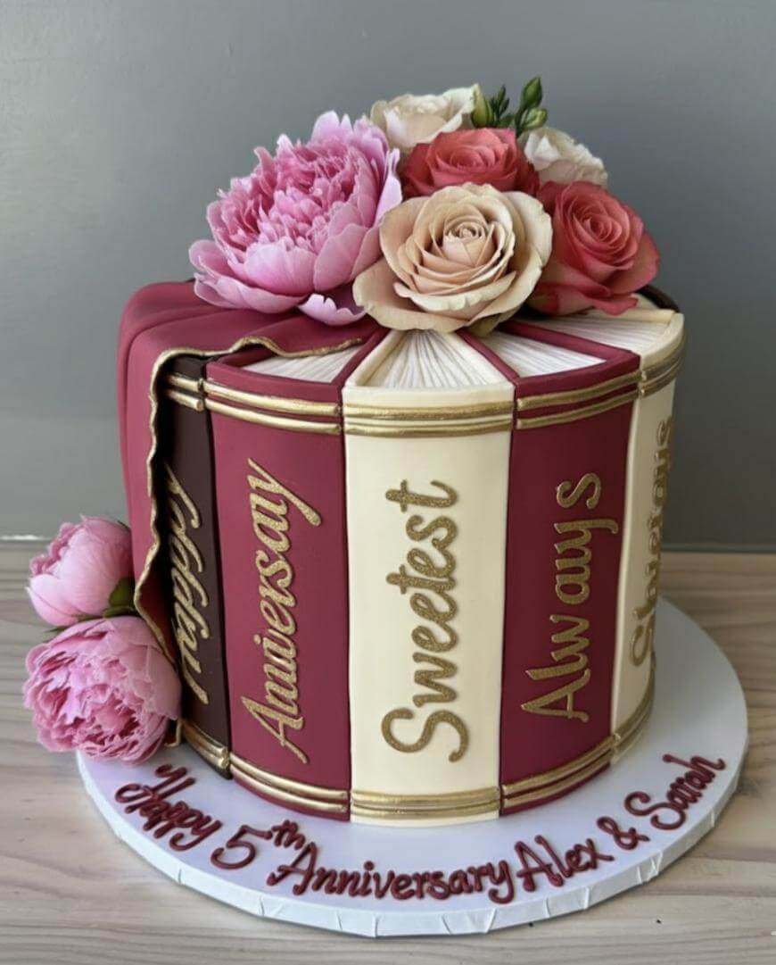 A round cake decorated to look like a stack of books with maroon and cream covers, gold lettering, and topped with pink and cream flowers. The base reads, “Happy 5th Anniversary Alex & Sarah.”.