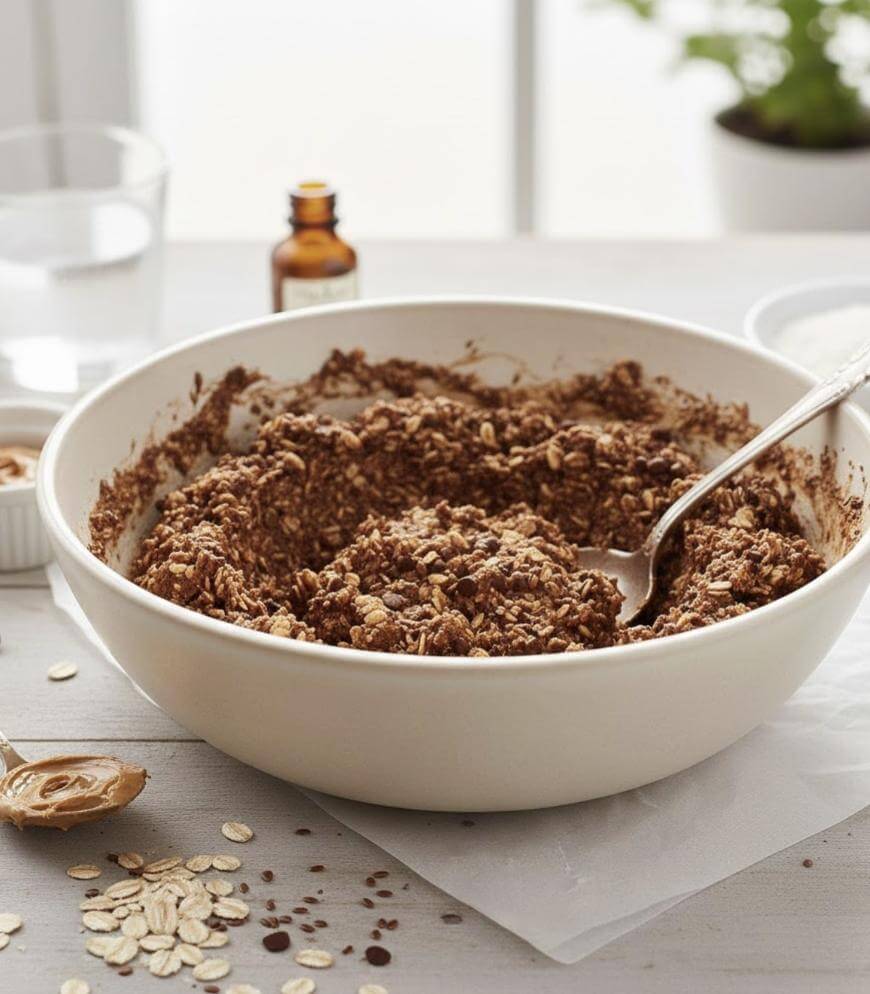 A large white bowl filled with a chocolate oat mixture sits on a table, with a spoon inside. Nearby are oats, a jar of peanut butter, a small bottle, and a glass of water. The scene has soft natural light.