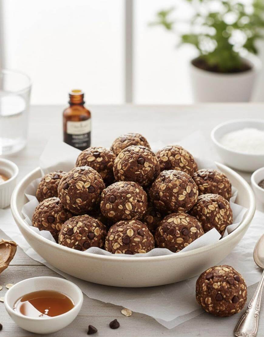 A bowl filled with round chocolate oat energy bites sits on a white table, surrounded by small dishes of honey, coconut flakes, and chocolate chips, with a bottle of vanilla extract and greenery in the background.