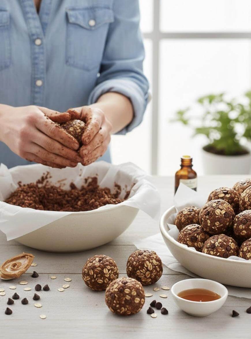 A person shapes chocolate oat mixture into balls over a bowl, with finished oat balls on a plate nearby. Ingredients like chocolate chips, honey, and vanilla extract are on the table.