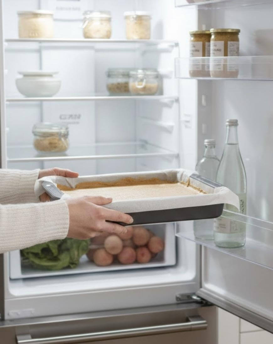 A person places a baking tray lined with parchment paper into a refrigerator. The fridge contains jars, bottles, vegetables, and other food items organized on shelves and in drawers.