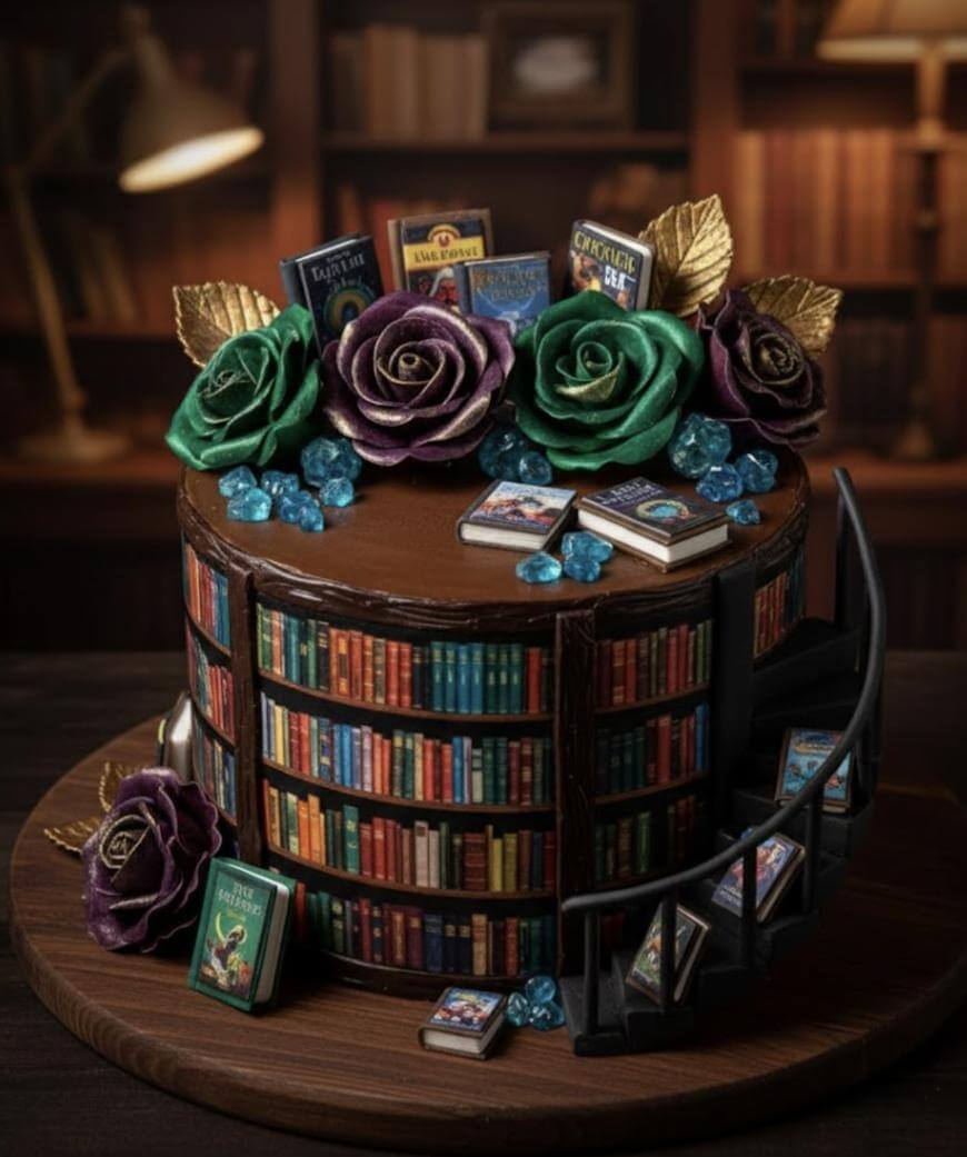 A cake decorated to look like a bookshelf, with edible books, purple and gold roses, blue candy gems, and a mini spiral staircase, set against a background of real bookshelves.