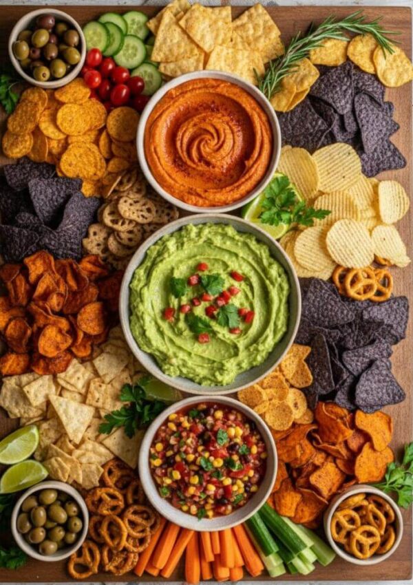 A wooden platter filled with chips, crackers, pretzels, sliced veggies, and olives surrounding bowls of guacamole, salsa, and hummus, all garnished with herbs and lime wedges, arranged neatly for a festive snack spread.