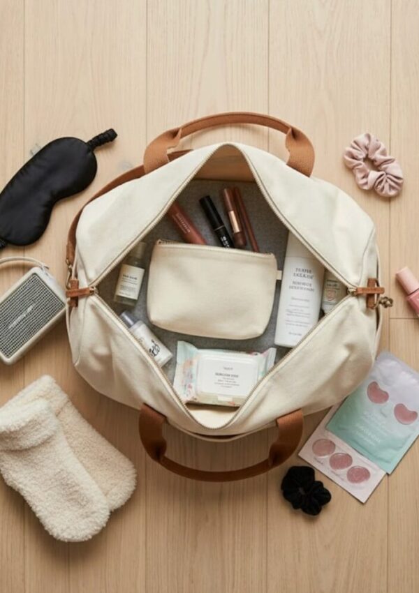 A cream-colored duffel bag with brown handles sits open on a wooden floor, showing beauty products inside. Around it are an eye mask, hair scrunchies, cozy socks, a nail polish bottle, and skincare masks.