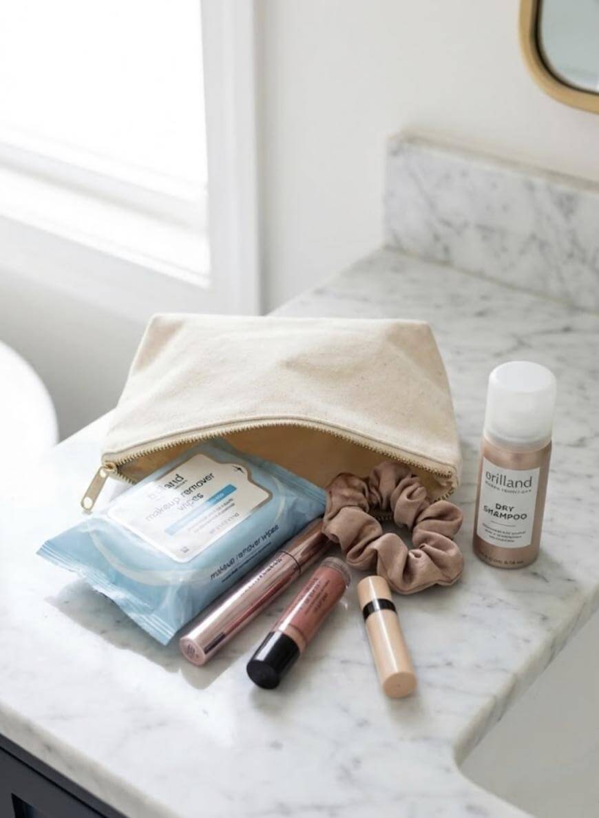 A beige zipper pouch sits on a marble countertop with makeup wipes, a scrunchie, two lip gloss tubes, a concealer, and a can of dry shampoo partially visible outside the bag.