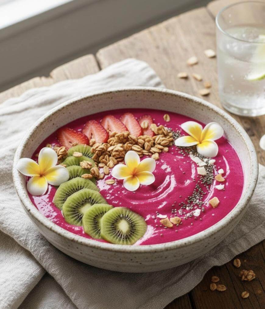 A vibrant pink smoothie bowl topped with sliced strawberries, kiwi, granola, chia seeds, and white-yellow flowers, set on a wooden table with a glass of water and a beige napkin.