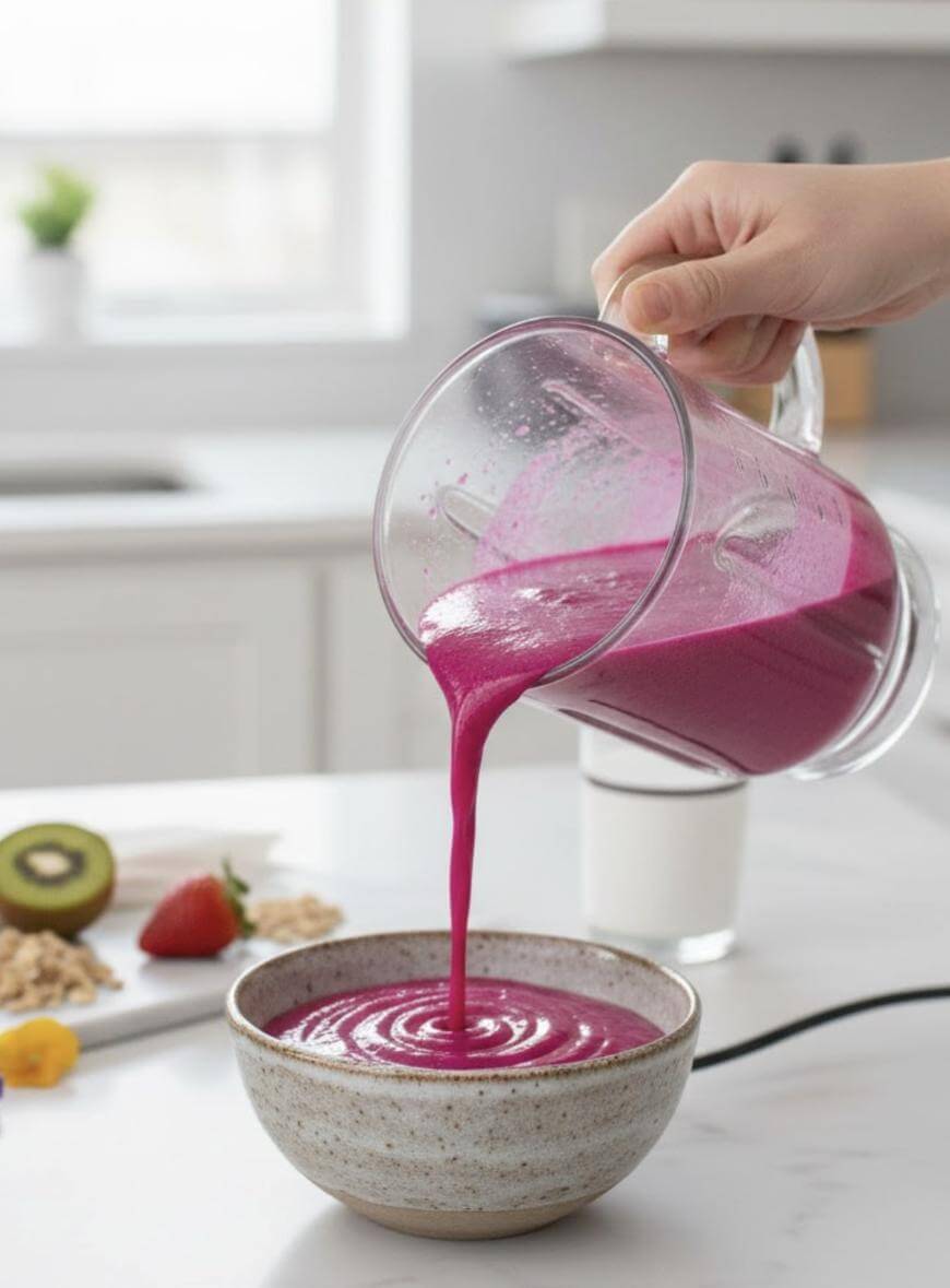 A hand pours a thick, bright pink smoothie from a blender into a bowl on a kitchen counter. In the background, there are sliced kiwi, a strawberry, and granola on a plate.