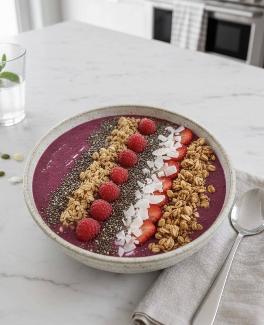 A smoothie bowl topped with rows of raspberries, strawberry slices, granola, chia seeds, and coconut flakes, sits on a marble countertop next to a spoon and a folded napkin.