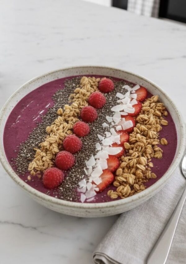 A smoothie bowl topped with raspberries, chia seeds, granola, sliced strawberries, and coconut flakes, arranged in neat rows on a marble table next to a spoon and a folded napkin.
