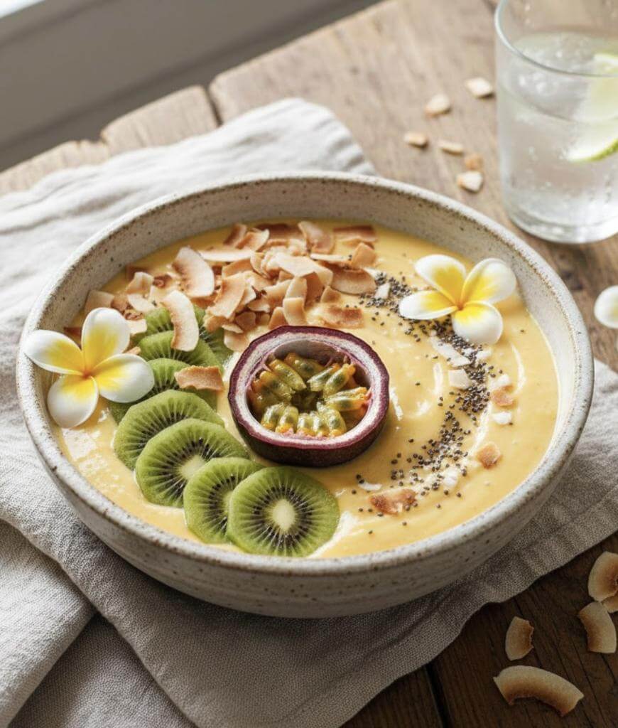 A smoothie bowl topped with sliced kiwi, passionfruit, chia seeds, toasted coconut flakes, and two white and yellow flowers, served on a beige cloth with a glass of water and lime in the background.