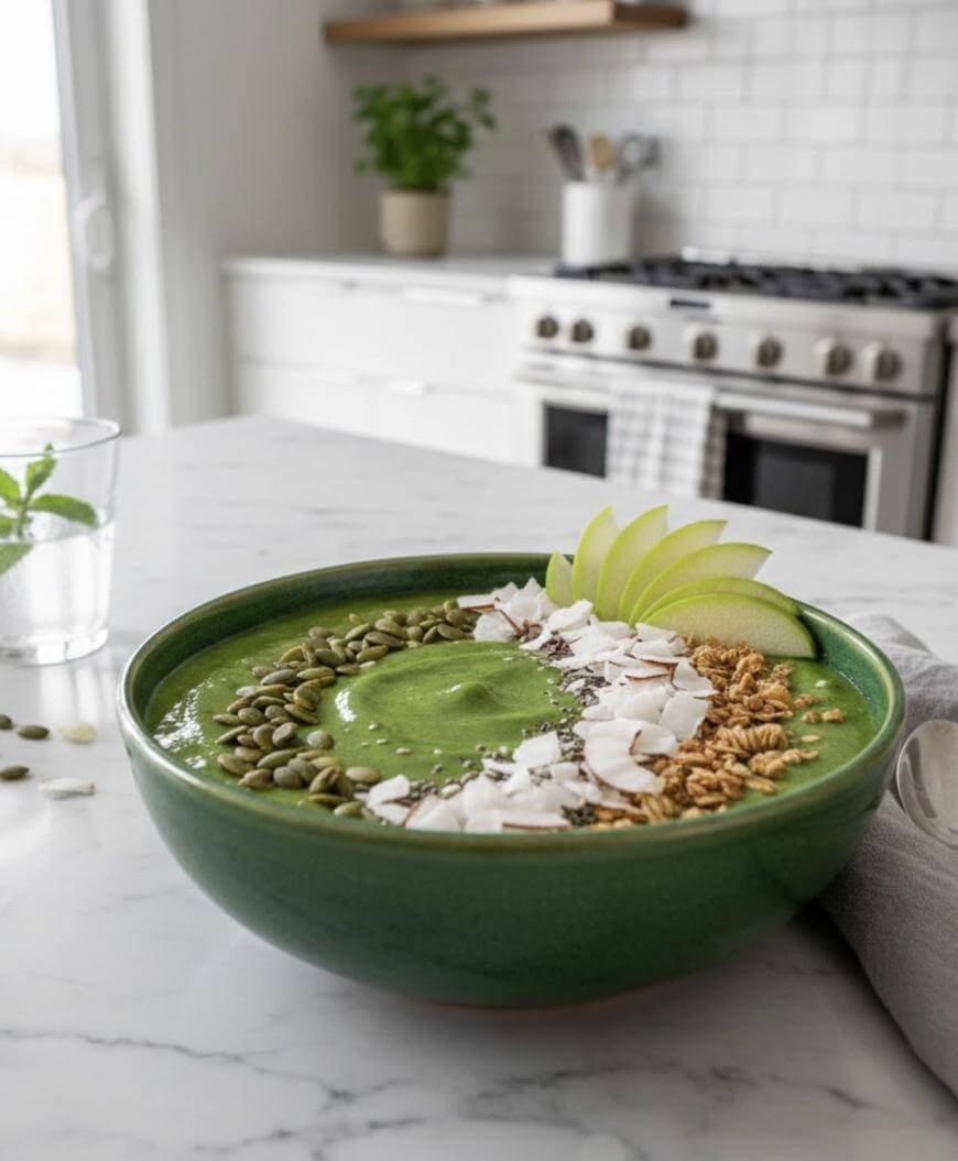 A green smoothie bowl topped with sliced green apples, pumpkin seeds, coconut flakes, chia seeds, and granola sits on a marble countertop in a modern kitchen.